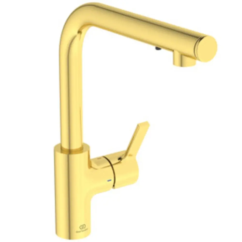 Küchenarmatur in Gold mit hohem Auslauf und einer Seifenfunktion, gefertigt von Ideal Standard. Klare Linien und modernes Design für Küchenanwendungen.